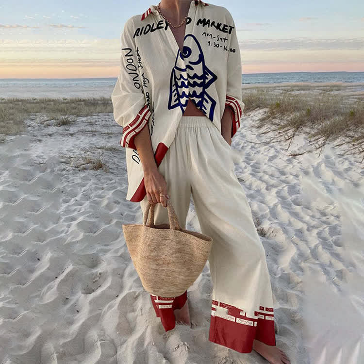 Beach Sardine Graffiti Long Sleeve Loose Shirt & Pocket Wide-leg Pants Set - Red - US 22 (4XL) - image 1