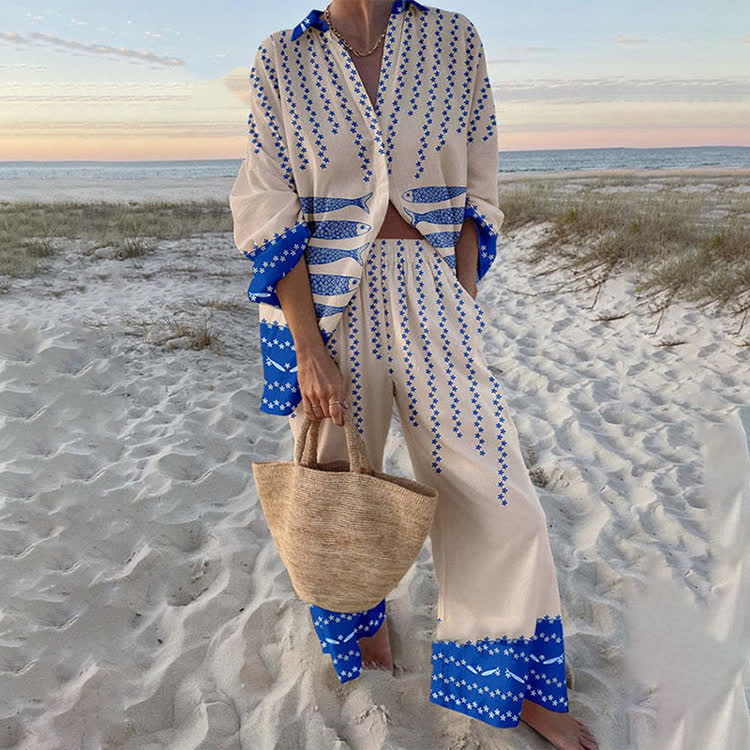 Beach Sardine-and-seaweed Long Sleeve Loose Shirt & Pocket Wide-leg Pants Set - Blue - US 22 (4XL) - image 2