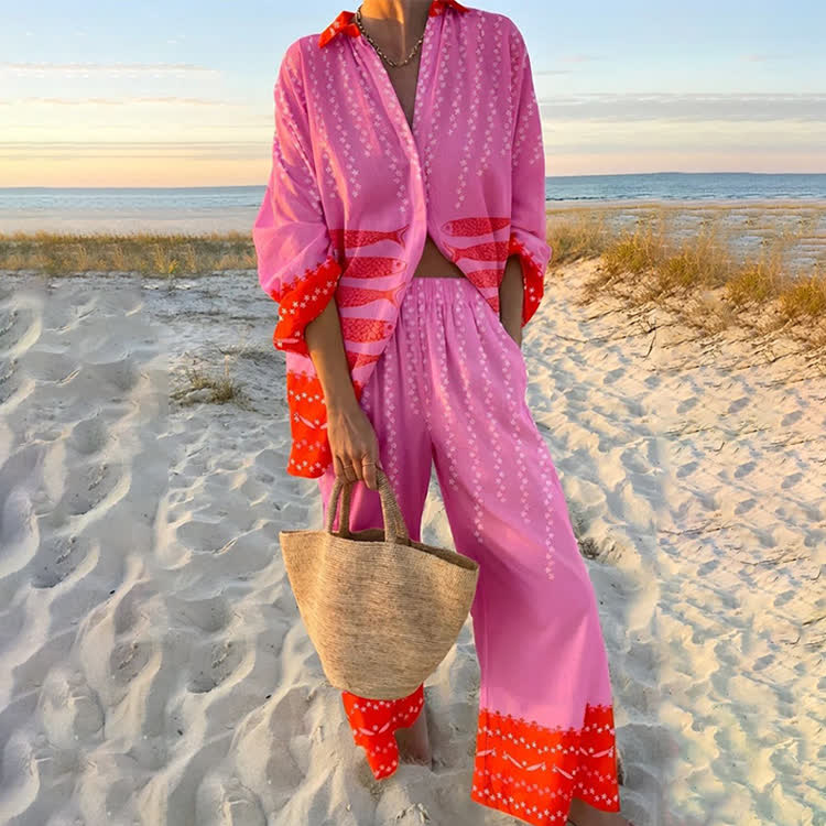 Beach Sardine-and-seaweed Long Sleeve Loose Shirt & Pocket Wide-leg Pants Set - Pink - US 22 (4XL) - image 1