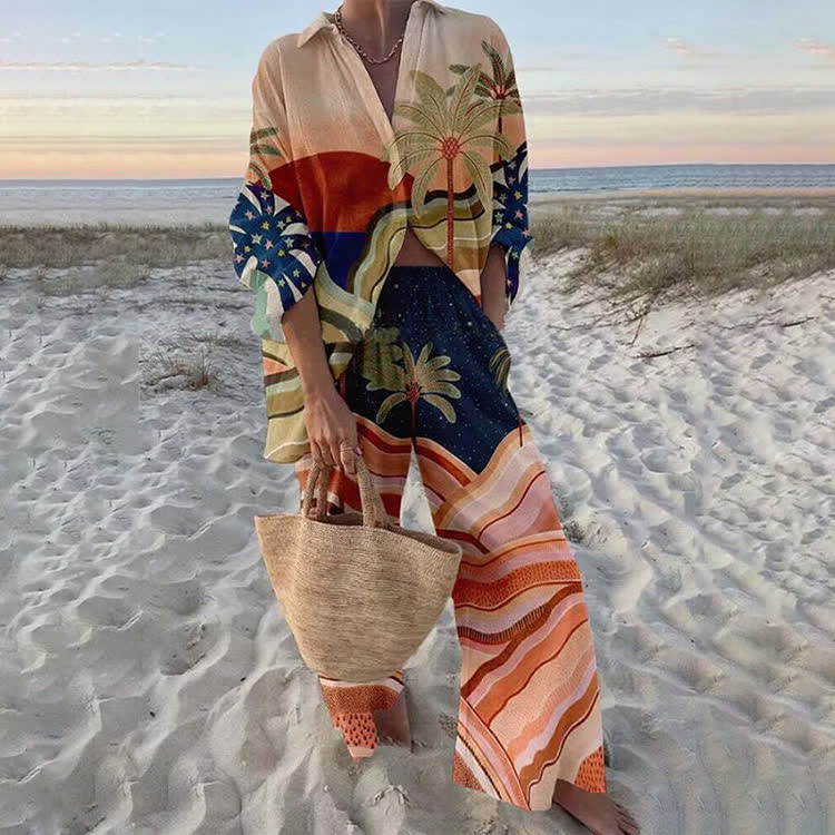 Beach Palm Tree Long Sleeve Loose Shirt & Pocket Wide-leg Pants Set - Red - US 22 (4XL) - image 1