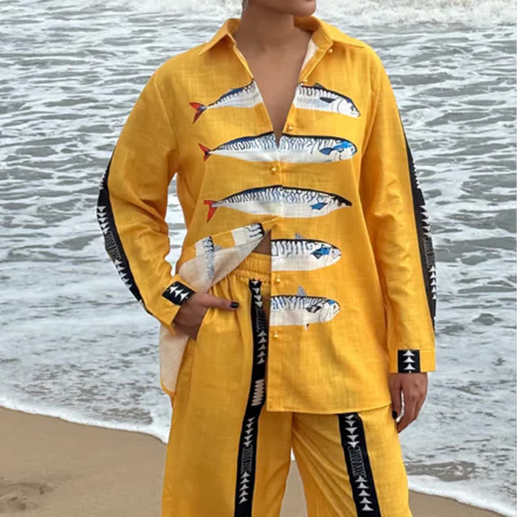 Beach Sardine Geometric Stripes Long Sleeve Loose Shirt & Pocket Wide-leg Pants Set - image 2