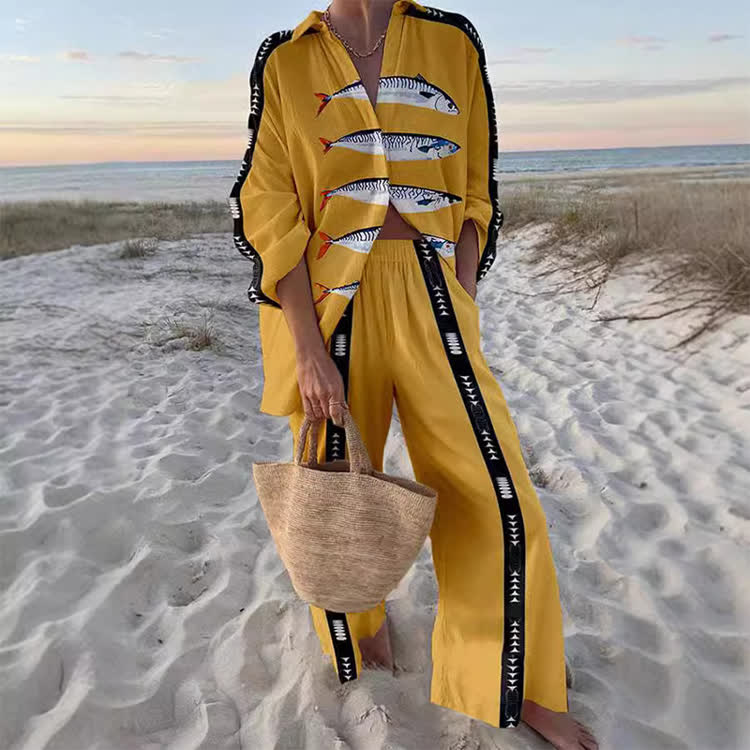 Beach Sardine Geometric Stripes Long Sleeve Loose Shirt & Pocket Wide-leg Pants Set - Yellow - US 22 (4XL) - image 1