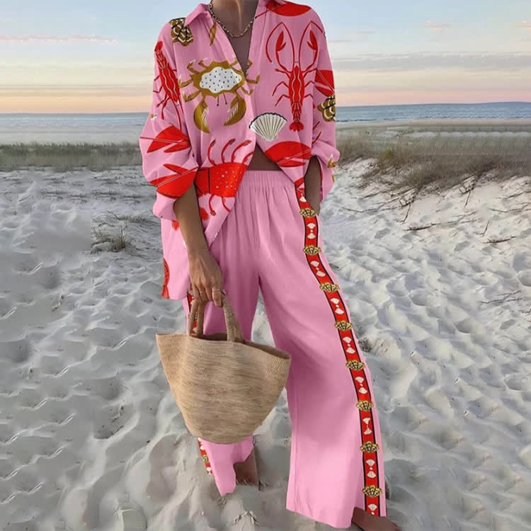 Beach Marine Life Long Sleeve Loose Shirt & Pocket Wide-leg Pants Set - Pink - US 22 (4XL) - image 1