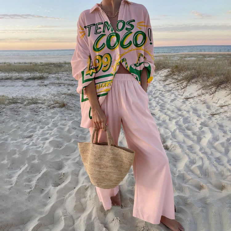 Vintage Beach Vacation Print Long Sleeve Loose Shirt & Pocket Wide-leg Pants Set - Pink - US 22 (4XL) - image 2