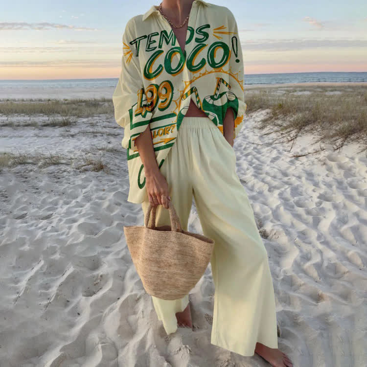 Vintage Beach Vacation Print Long Sleeve Loose Shirt & Pocket Wide-leg Pants Set - Yellow - US 22 (4XL) - image 1