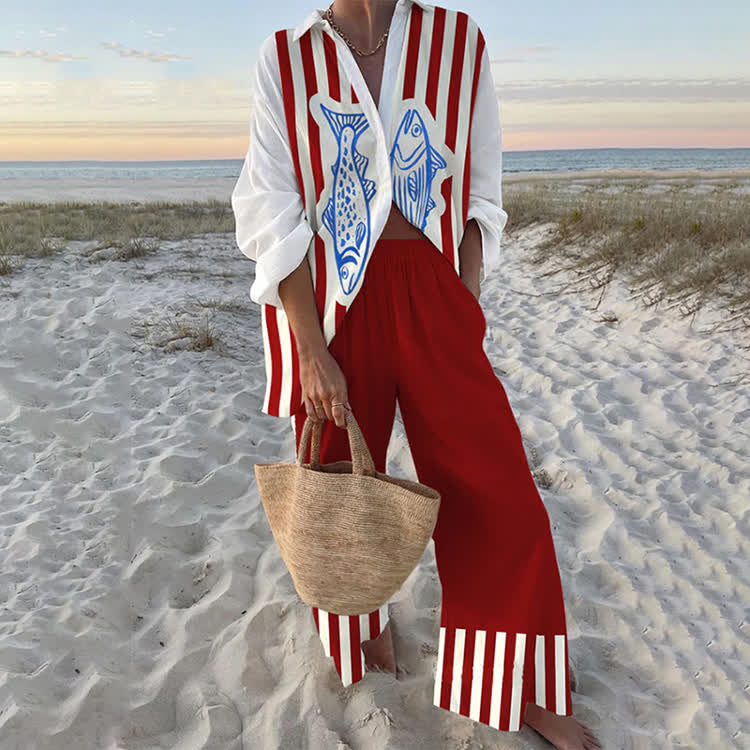 Beach Vacation Striped Salted Fish Print Long Sleeve Loose Shirt & Pocket Wide-leg Pants Set - Red - US 22 (4XL) - image 1