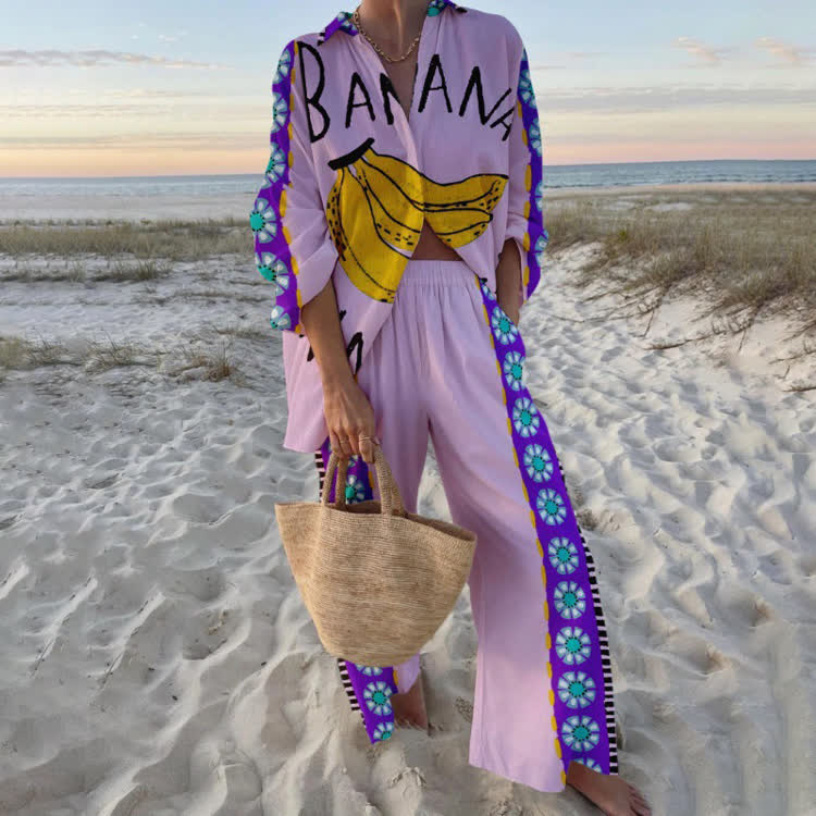Tropical Banana Pattern Print Long Sleeve Loose Shirt & Pocket Wide-leg Pants Set - Purple - US 22 (4XL) - image 2