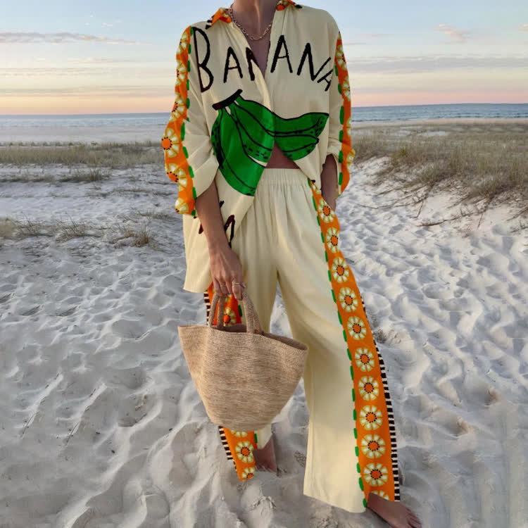 Tropical Banana Pattern Print Long Sleeve Loose Shirt & Pocket Wide-leg Pants Set - Yellow - US 22 (4XL) - image 1