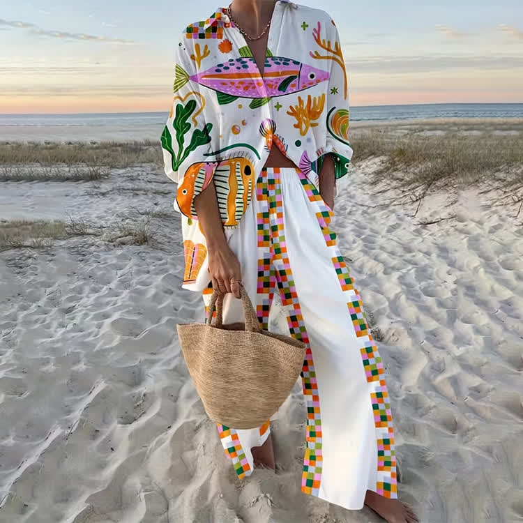 Tropical Colorful Ocean Mosaic pattern Print Long Sleeve Loose Shirt & Pocket Wide-Leg Pants set - White - US 22 (4XL) - image 1