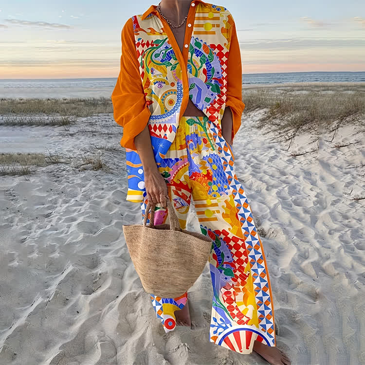 Tropical Abstract Vacation Doodle Pattern Print Long Sleeve Loose Shirt & Pocket Wide-leg Pants Set - Orange - US 22 (4XL) - image 1