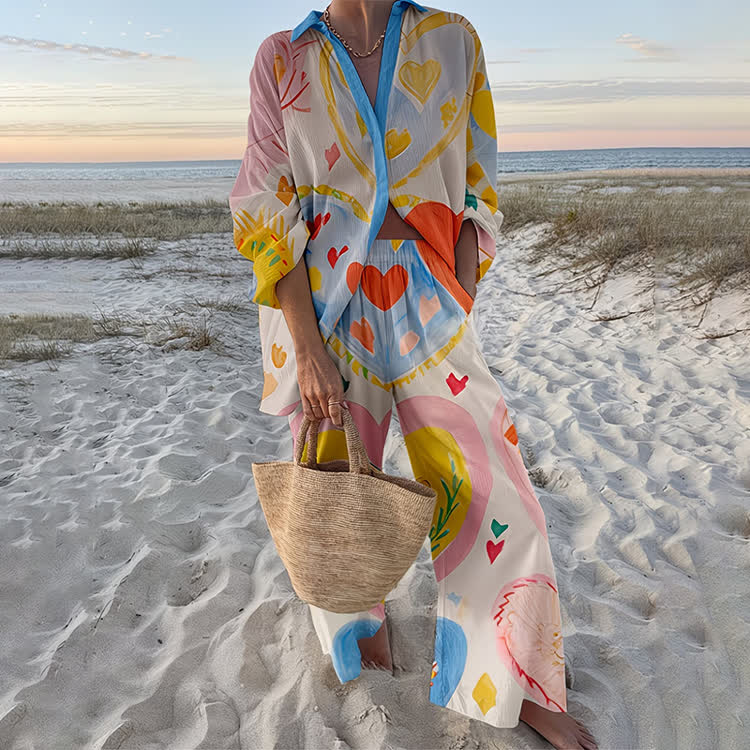 Brush Of Love Pattern Print Long Sleeve Loose Shirt & Pocket Wide-leg Pants Set - White - US 22 (4XL) - image 1