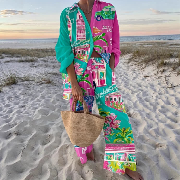 Tropical Vacation Destination Pattern Print Long Sleeve Loose Shirt & Pocket Wide-leg Pants Set - Rose - US 22 (4XL) - image 1