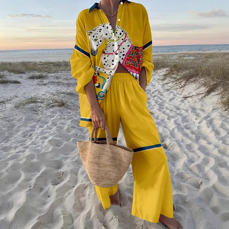 Vacation Spotted Horse Pattern Print Long Sleeve Loose Shirt & Pocket Wide-leg Pants Set - Yellow - US 22 (4XL) - image 1