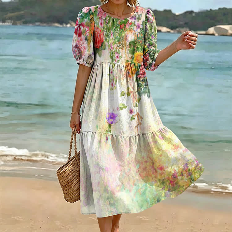 Vintage Oil Painting Floral Vines Pattern Print Casual Loose Dress - Apricot - US 24 (5XL) - image 1