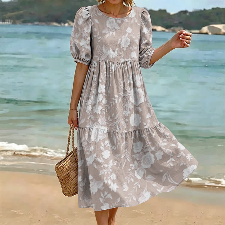 Subtle Floral Pattern Print Casual Loose Dress - Apricot - US 24 (5XL) - image 1