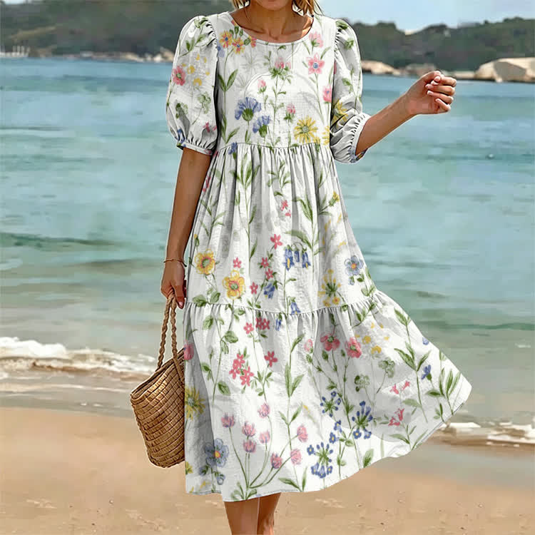 Pastoral Watercolor Flowers And Plants Print Casual Loose Dress - White - US 24 (5XL) - image 1