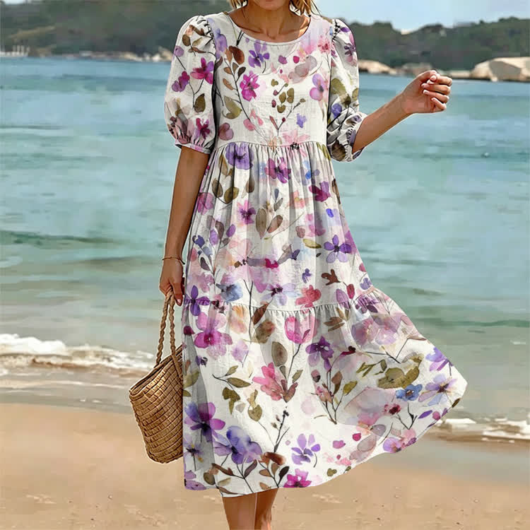  Vacation Random Watercolor Florals Pattern Print Casual Loose Dress - Purple - US 24 (5XL) - image 1