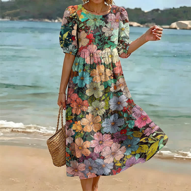  Vacation Colorful Garden Pattern Print Casual Loose Dress - Black - US 24 (5XL) - image 1