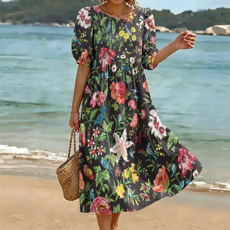 Vacation Watercolor Blossoms Pattern Print Casual Loose Dress - Black - US 24 (5XL) - image 2