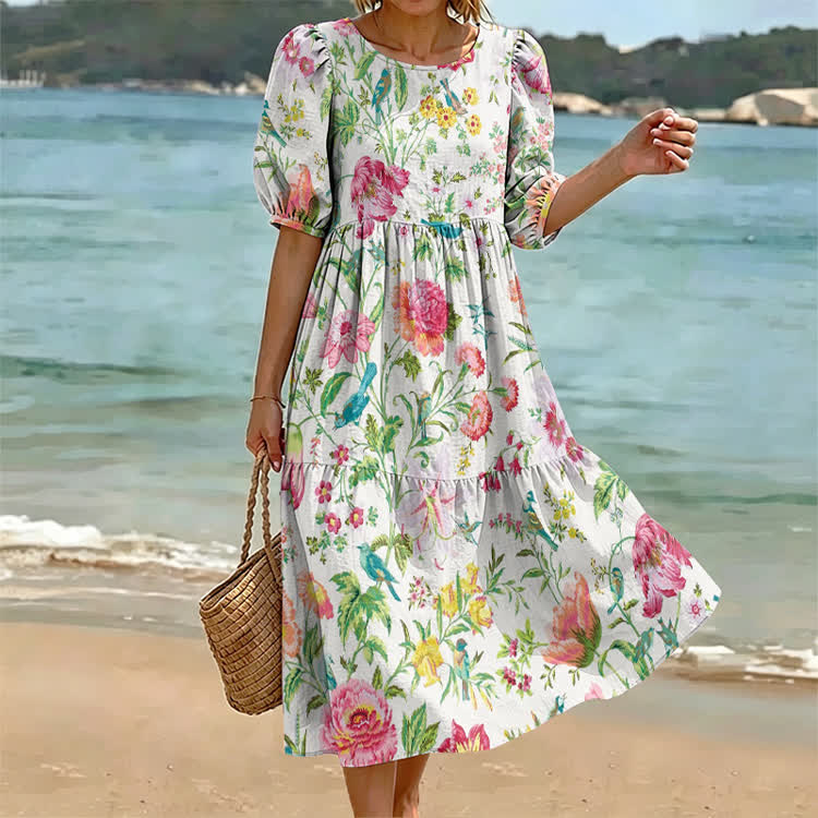 Vacation Watercolor Blossoms Pattern Print Casual Loose Dress - White - US 24 (5XL) - image 1
