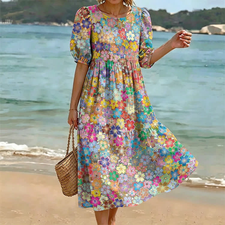 Beach Colorful Cherry Blossoms Pattern Print Casual Loose Dress - Multicolor - US 24 (5XL) - image 1