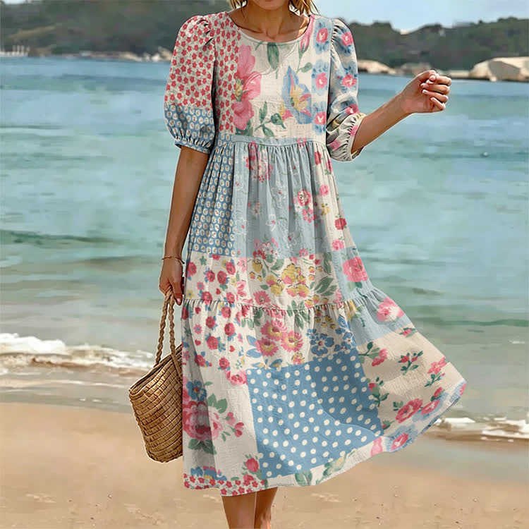 Pastoral Romantic Floral Patchwork Pattern Print Casual Loose Dress - Light Blue - US 24 (5XL) - image 1