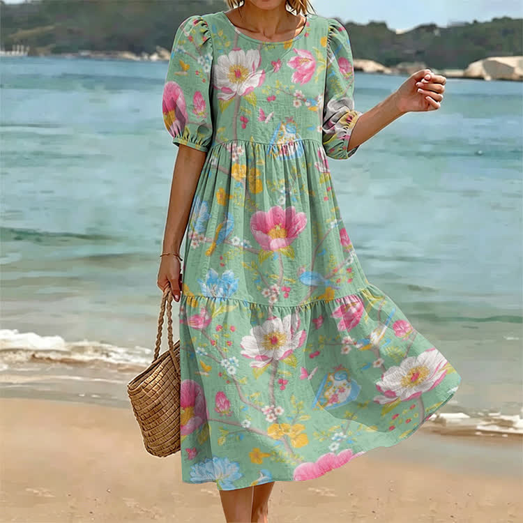 Vacation Summer Flowers Blossoms Pattern Print Casual Loose Dress - Light Green - US 24 (5XL) - image 1