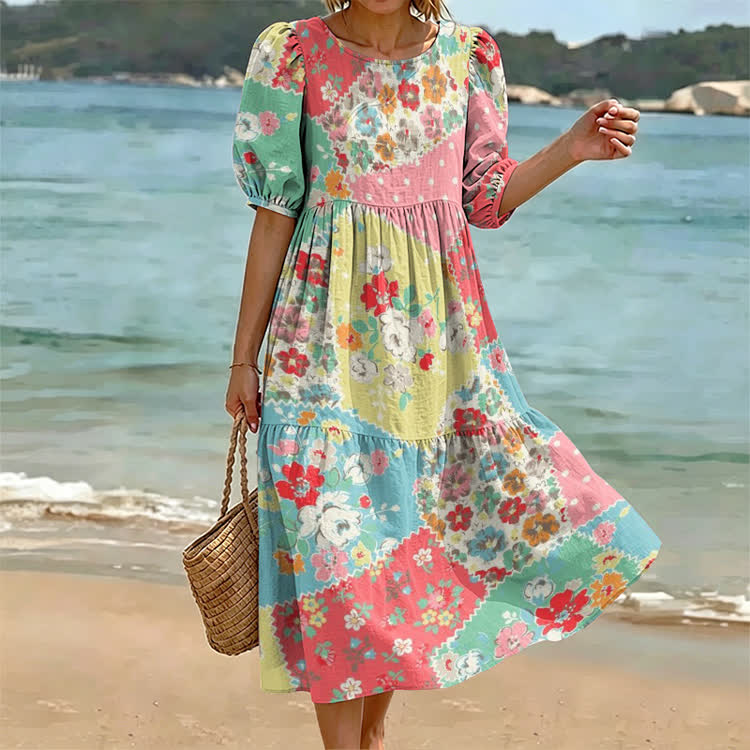 Boho Vacation Floral Patchwork Pattern Print Casual Loose Dress - Pink - US 24 (5XL) - image 1