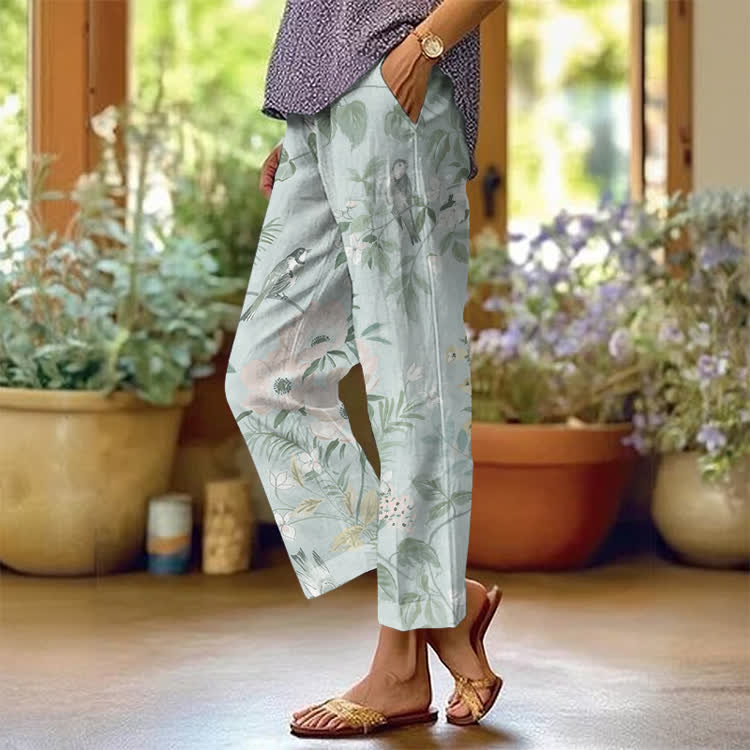Pleasant Flowers And Birds Texture Pattern Print Casual Pocket Pants  - Light Green - US 20 (5XL) - image 1