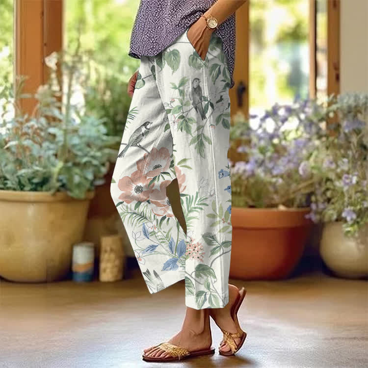 Pleasant Flowers And Birds Texture Pattern Print Casual Pocket Pants  - White - US 20 (5XL) - image 2