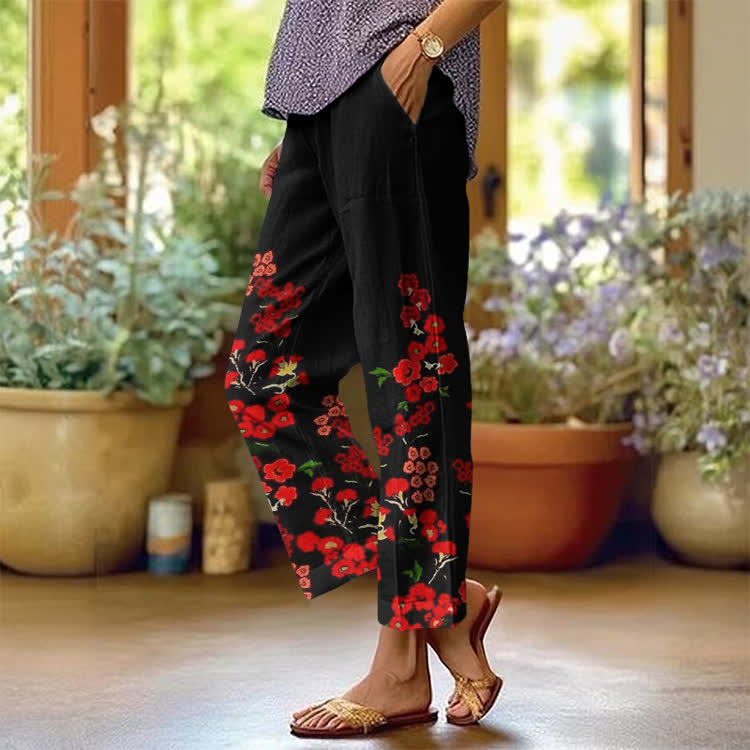 Elegant Low-Growing Wildflowers Texture Pattern Print Casual Pocket Pants  - Black - US 20 (5XL) - image 1