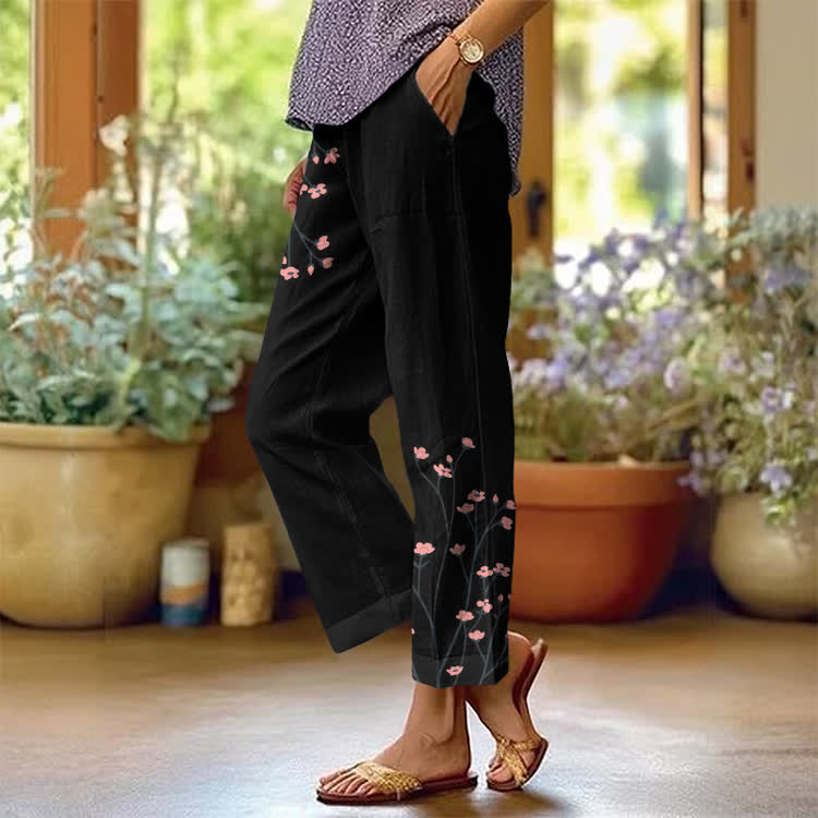 Tiny Flowers Texture Pattern Print Casual Pocket Pants  - Black - US 20 (5XL) - image 1
