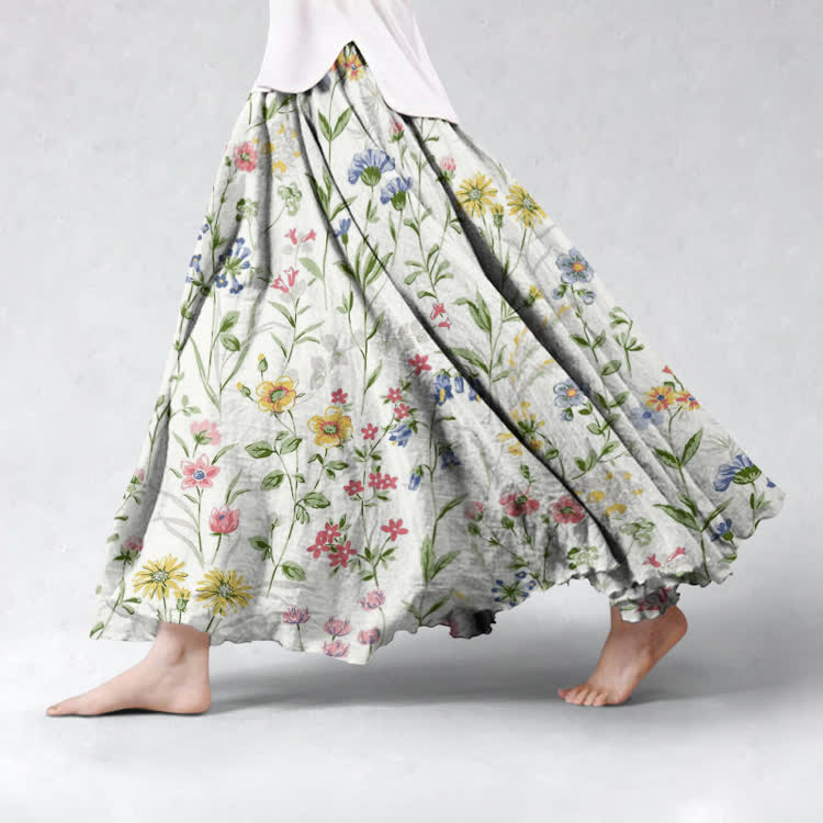 Pastoral Watercolor Flowers And Plants Pattern Print Maxi Skirt - White - US 20 (5XL) - image 1