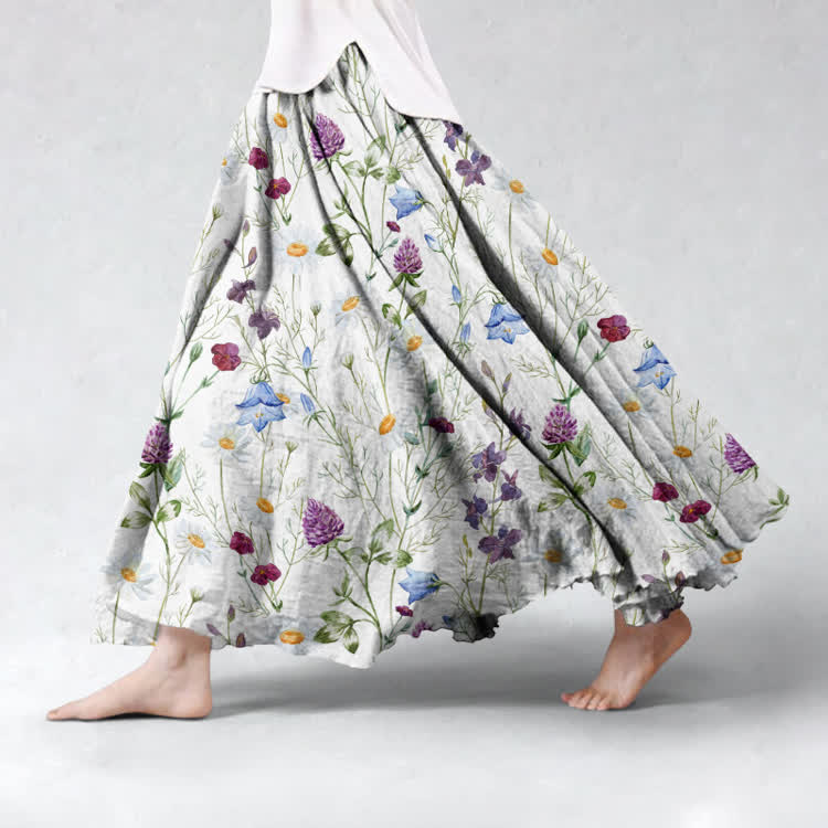 Elegant Wildflowers Art Pattern Print Maxi Skirt - White - US 20 (5XL) - image 1