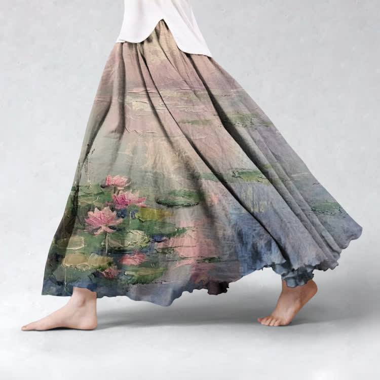Vintage Water Lily Oil Painting Pattern Print Maxi Skirt - Grey - US 20 (5XL) - image 1