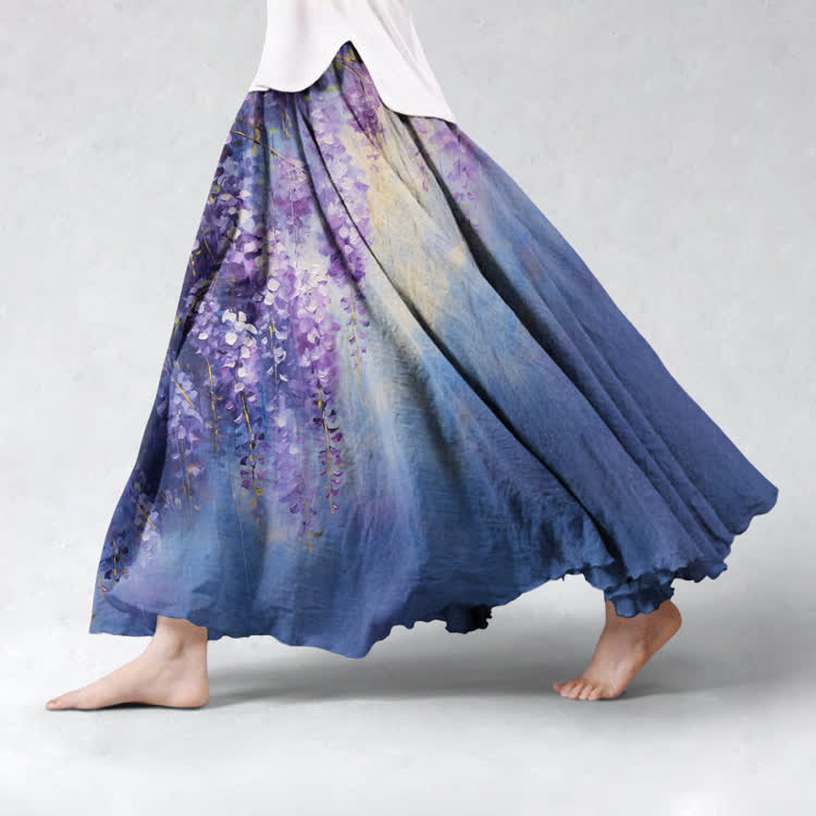 Vintage Wisteria Flowers Oil Painting Pattern Print Maxi Skirt - Purple - US 20 (5XL) - image 1