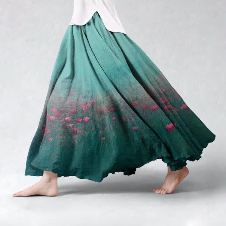 Vintage Wildflowers Oil Painting Pattern Print Maxi Skirt - Green - US 20 (5XL) - image 1