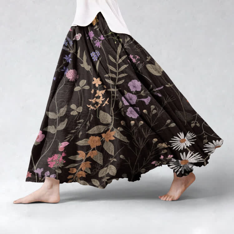 Vintage Wildflowers Pattern Print Maxi Skirt - Black - US 20 (5XL) - image 1