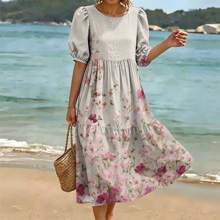 Upwards Flowers Pattern Print Casual Loose Dress - Pink - US 24 (5XL) - image 1