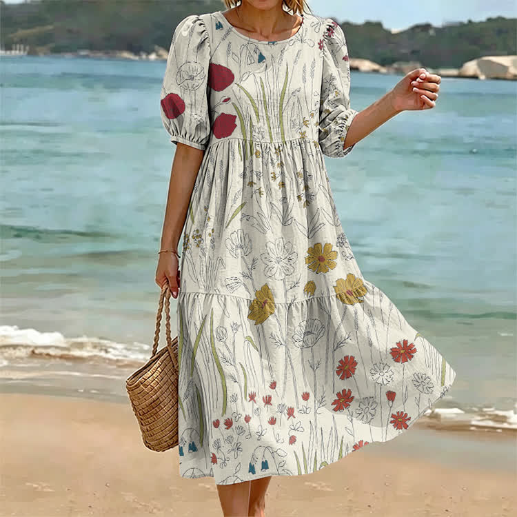Botanical Art Pattern Print Casual Loose Dress - Apricot - US 24 (5XL) - image 1