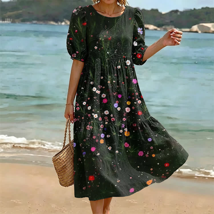 Little Wildflowers Pattern Print Casual Loose Dress - Black - US 24 (5XL) - image 1