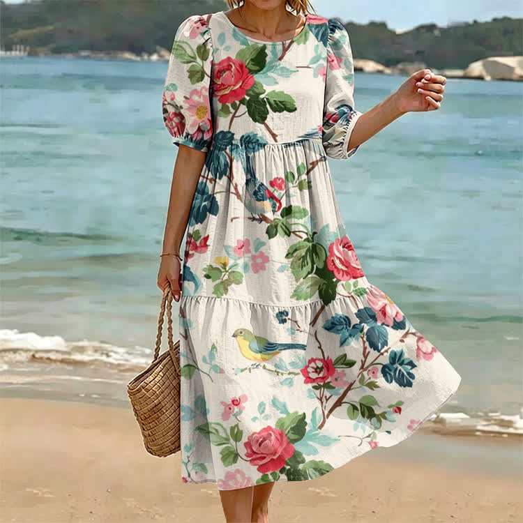 Vintage Floral And Birds Pattern Print Casual Loose Dress - Apricot - US 24 (5XL) - image 1