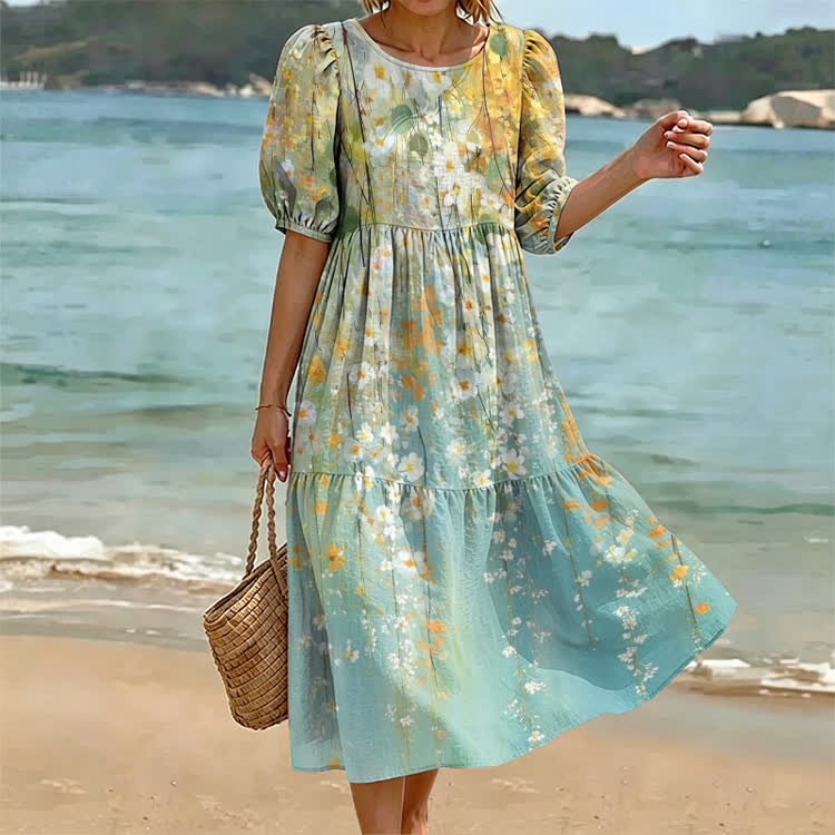 Vintage floral Oil painting Pattern Print casual loose Dress - Sky Blue - US 24 (5XL) - image 1