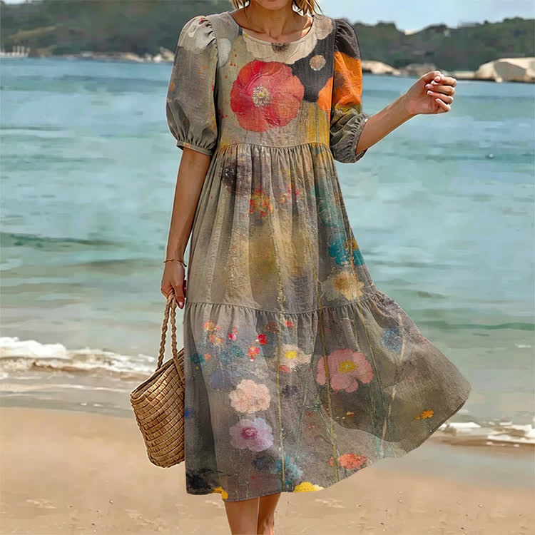 Nostalgic Floral Art Pattern Print Casual Loose Dress - Khaki - US 24 (5XL) - image 1