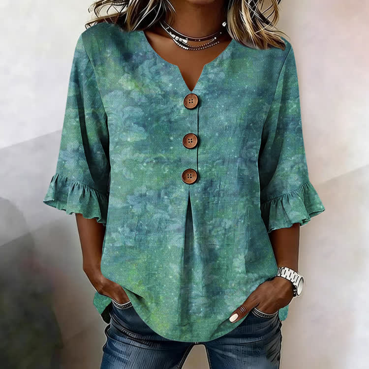 Romantic Floral Texture Pattern Print Button V-Neck Blouse With Ruffle Sleeves - Green - US32-34(5XL) - image 3