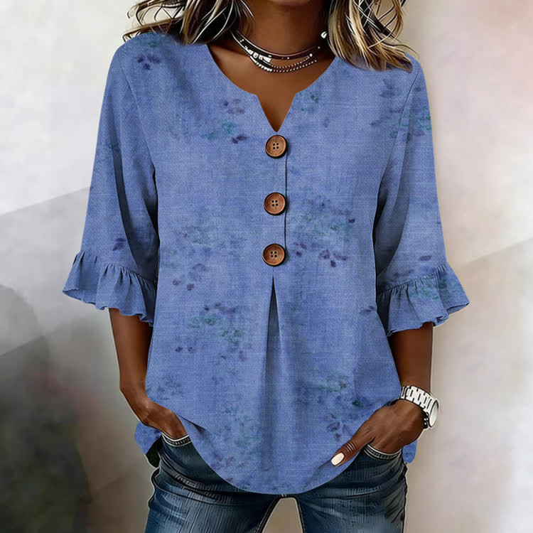 Fading Roses Texture Pattern Print Button V-Neck Blouse With Ruffle Sleeves - Blue - US32-34(5XL) - image 3