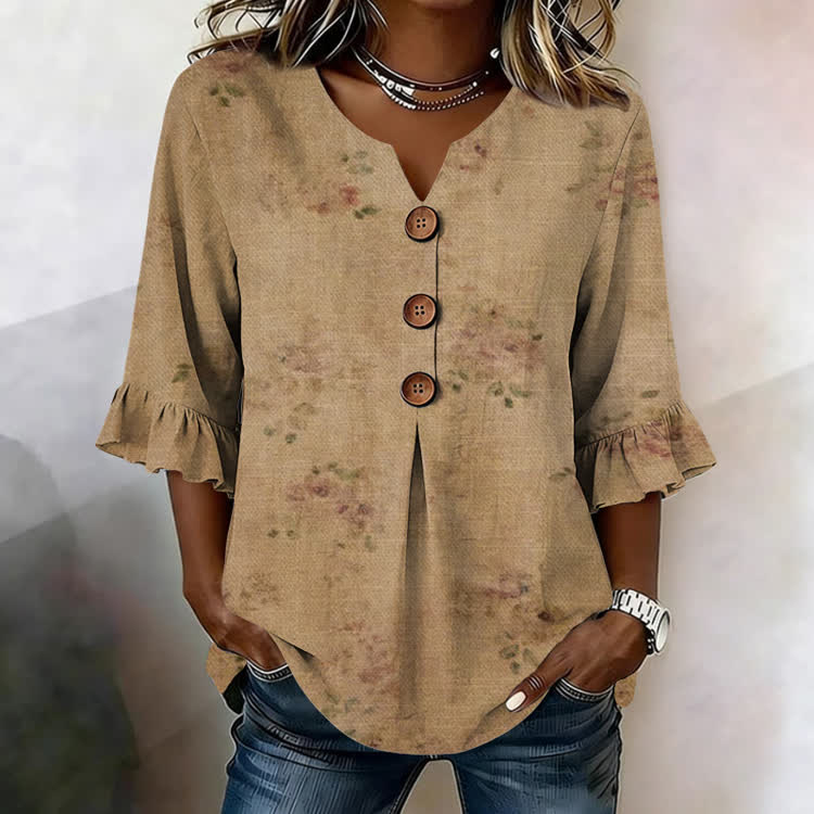 Fading Roses Texture Pattern Print Button V-Neck Blouse With Ruffle Sleeves - Khaki - US32-34(5XL) - image 2