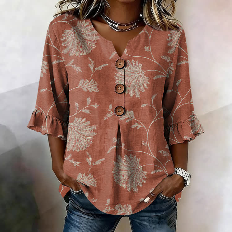 Intertwining Foliage Texture Pattern Print Button V-Neck Blouse With Ruffle Sleeves - Orange - US32-34(5XL) - image 3