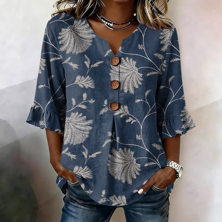 Intertwining Foliage Texture Pattern Print Button V-Neck Blouse With Ruffle Sleeves - Dark Blue - US32-34(5XL) - image 2