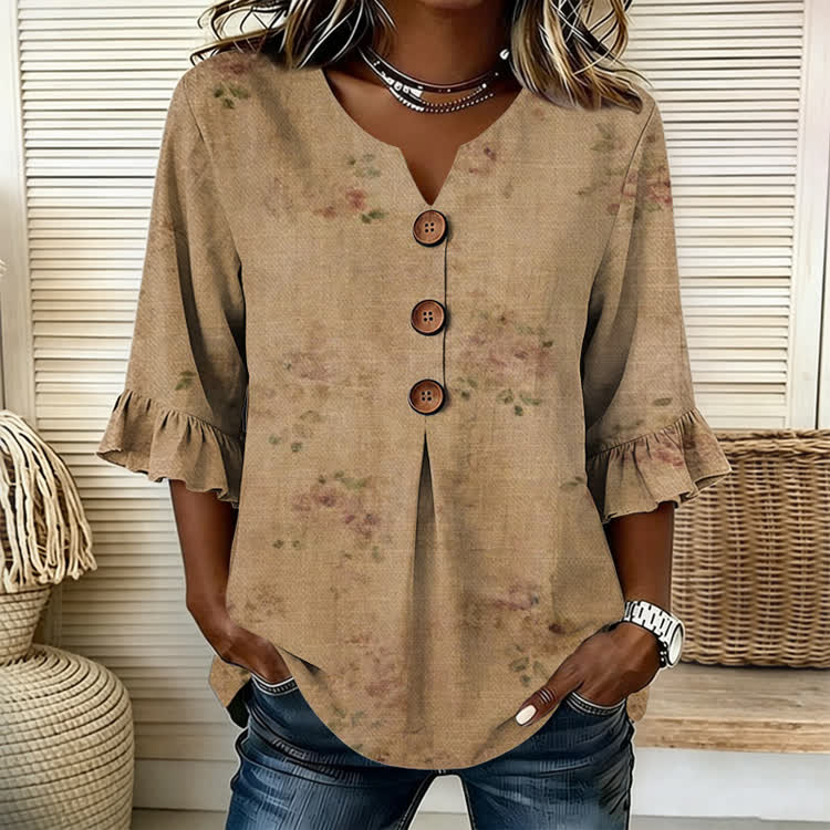 Fading Roses Texture Pattern Print Button V-Neck Blouse With Ruffle Sleeves - image 1